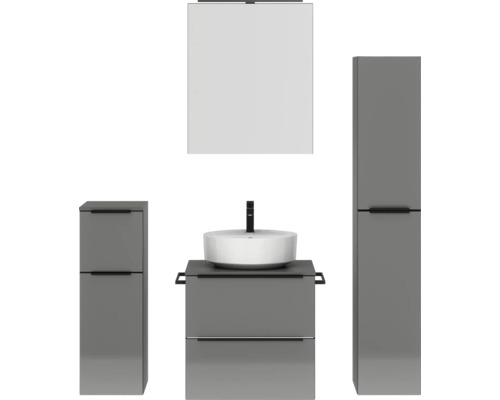 Badmöbel-Set NOBILIA Programm 3 BxHxT 140 x 169,1 x 48,7 cm Frontfarbe grau hochglanz mit Aufsatz-Waschtisch und Spiegelschrank 1-türig mit LED-Beleuchtung Unterschrank Midischrank Griffleiste schwarz 365
