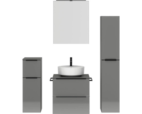 Set de meubles de salle de bains NOBILIA Programm 3 lxhxp 140 x 169,1 x 48,7 cm couleur de façade gris haute brillance avec vasque à poser et armoire de toilette à 1 porte avec éclairage LED meuble bas armoire midi barre de prise noire 365