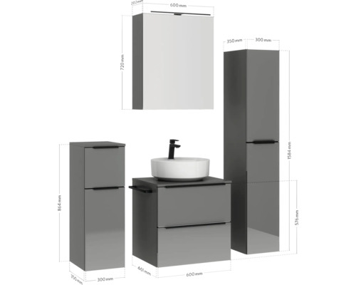 Badezimmer-Set mit Waschbecken, Waschtisch, Hochschrank und Spiegelschrank mit Größenangaben