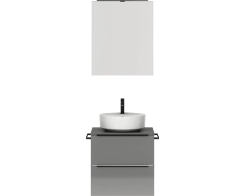 Badmöbel-Set NOBILIA Programm 3 BxHxT 61 x 169,1 x 48,7 cm Frontfarbe grau hochglanz mit Aufsatz-Waschtisch und Spiegelschrank 1-türig mit LED-Beleuchtung Griffleiste schwarz 341