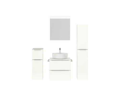 Set de meubles de salle de bains NOBILIA Programm 3 lxhxp 140 x 169,1 x 48,7 cm couleur de façade blanc haute brillance avec vasque à poser blanc et miroir avec éclairage LED armoire midi meuble bas barre de prise chrome mat 354