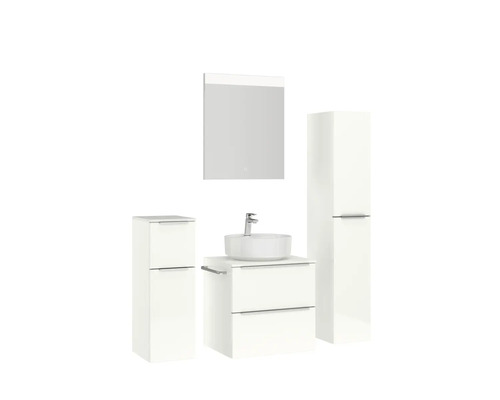 Ensemble de salle de bains avec lavabo, meuble sous-lavabo, armoire de toilette et armoire haute pour une ambiance claire et organisée.