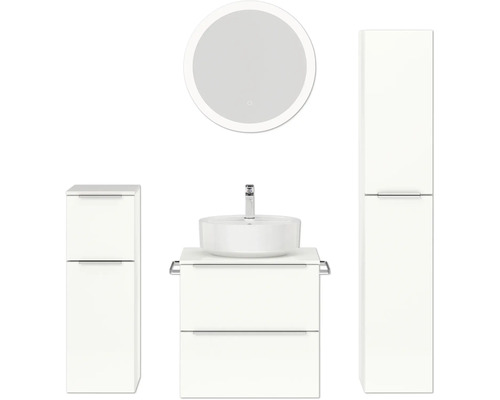 Set de meubles de salle de bains NOBILIA Programm 3 lxhxp 140 x 169,1 x 48,7 cm couleur de façade blanc haute brillance avec vasque à poser blanc et miroir rond avec éclairage LED armoire midi meuble bas barre de prise chrome mat 370
