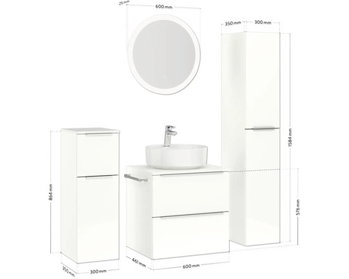 Ensemble de salle de bains avec meuble-lavabo, vasque à poser, armoire de toilette et armoire haute avec dimensions