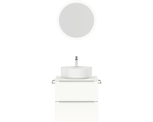 Set de meubles de salle de bains NOBILIA Programm 3 lxhxp 61 x 169,1 x 48,7 cm couleur de façade blanc haute brillance avec vasque à poser blanc et miroir rond avec éclairage LED barre de prise chrome mat 346