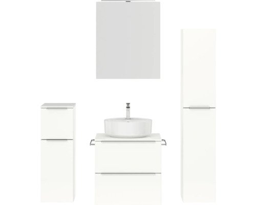 Set de meubles de salle de bains NOBILIA Programm 3 lxhxp 140 x 169,1 x 48,7 cm couleur de façade blanc haute brillance avec vasque à poser et armoire de toilette à 1 porte avec éclairage LED meuble bas armoire midi barre de prise chrome mat 362