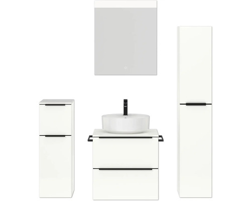 Set de meubles de salle de bains NOBILIA Programm 3 lxhxp 140 x 169,1 x 48,7 cm couleur de façade blanc haute brillance avec vasque à poser blanc et miroir avec éclairage LED armoire midi meuble bas barre de prise noire 355