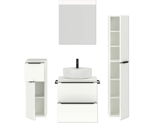 Ensemble de salle de bains avec lavabo, miroir et armoire haute