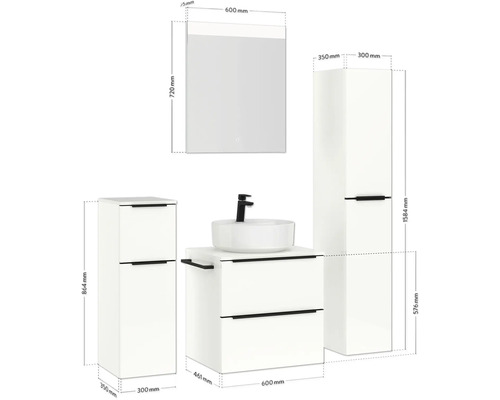 Ensemble de salle de bains avec meuble-lavabo, lavabo, armoire de toilette et armoire haute avec dimensions