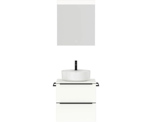 Set de meubles de salle de bains NOBILIA Programm 3 lxhxp 61 x 169,1 x 48,7 cm couleur de façade blanc haute brillance avec vasque à poser blanc et miroir avec éclairage LED barre de prise noire 331