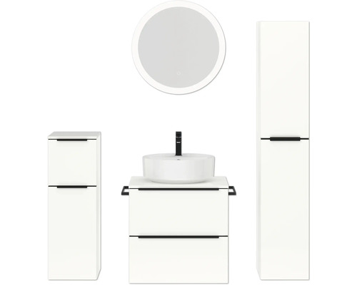 Set de meubles de salle de bains NOBILIA Programm 3 lxhxp 140 x 169,1 x 48,7 cm couleur de façade blanc haute brillance avec vasque à poser blanc et miroir rond avec éclairage LED armoire midi meuble bas poignée barre noir 371