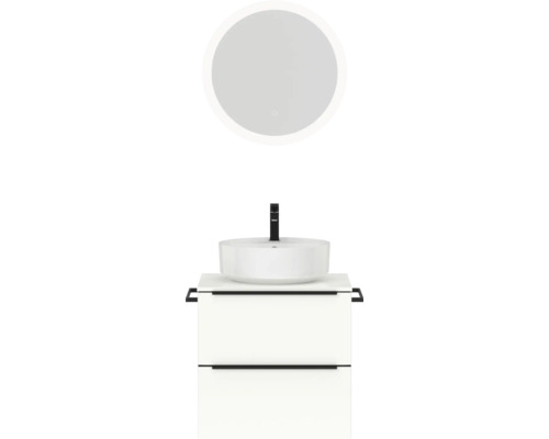 Set de meubles de salle de bains NOBILIA Programm 3 lxhxp 61 x 169,1 x 48,7 cm couleur de façade blanc haute brillance avec vasque à poser blanc et miroir rond avec éclairage LED barre de prise noire 347