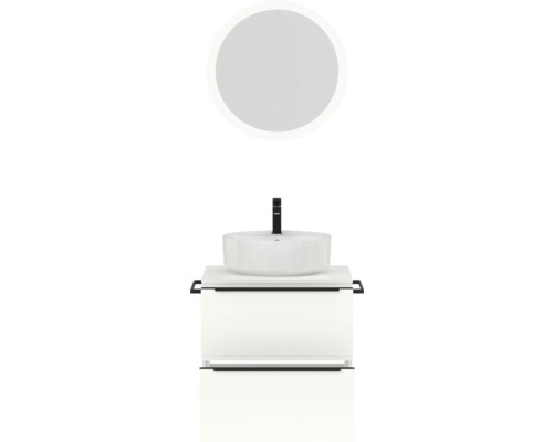 Waschtisch mit rundem Spiegel und Aufsatzwaschbecken für das Badezimmer