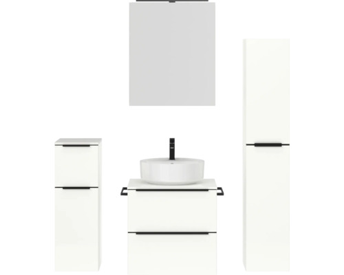 Set de meubles de salle de bains NOBILIA Programm 3 lxhxp 140 x 169,1 x 48,7 cm couleur de façade blanc haute brillance avec vasque à poser et armoire de toilette à 1 porte avec éclairage LED meuble bas armoire midi barre de prise noire 363