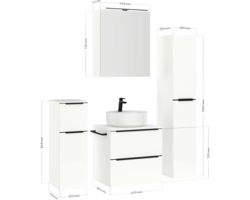 Badezimmer-Set mit Waschbecken, Unterschrank, Spiegelschrank und Hochschrank mit Maßangaben
