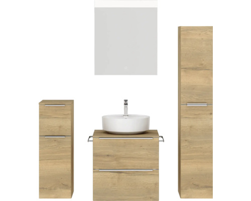 Set de meubles de salle de bains NOBILIA Programm 3 lxhxp 140 x 169,1 x 48,7 cm couleur de façade chêne naturel avec vasque à poser blanc et miroir avec éclairage LED armoire midi meuble bas barre de prise chrome mat 358