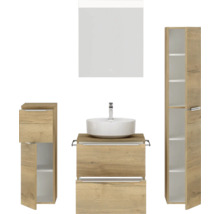 Badezimmer-Set mit Waschtisch, Aufsatzwaschbecken, Spiegelschrank und Hochschränken im modernen Design