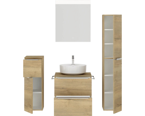 Ensemble de salle de bains avec meuble-lavabo, lavabo à poser, armoire de toilette et armoires hautes au design moderne