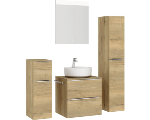 Ensemble de salle de bains avec lavabo, meuble sous-lavabo, armoire de toilette et armoire haute