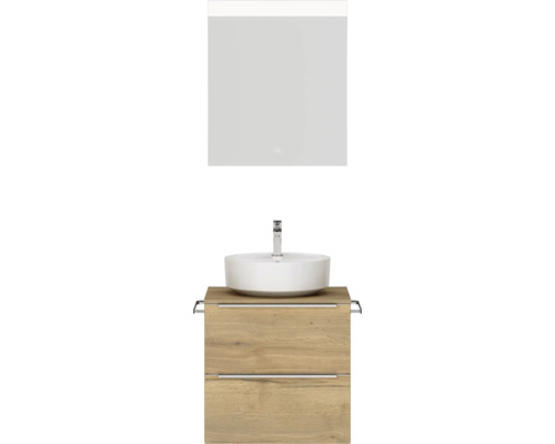 Set de meubles de salle de bains NOBILIA Programm 3 lxhxp 61 x 169,1 x 48,7 cm couleur de façade chêne naturel avec vasque à poser blanc et miroir avec éclairage LED barre de poignée chrome mat 334