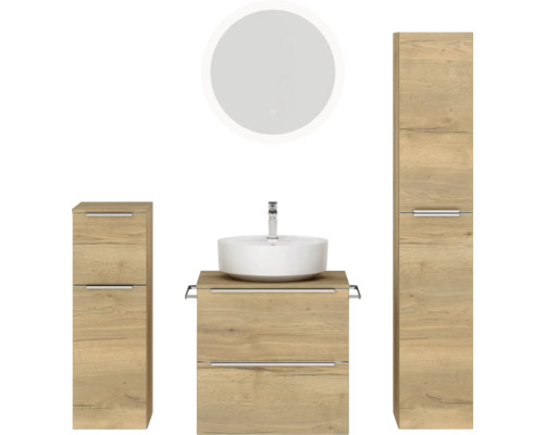 Set de meubles de salle de bains NOBILIA Programm 3 lxhxp 140 x 169,1 x 48,7 cm couleur de façade chêne naturel avec vasque à poser blanc et miroir rond avec éclairage LED armoire midi meuble bas barre de prise chrome mat 374