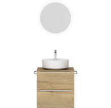 Badmöbel-Set NOBILIA Programm 3 BxHxT 61 x 169,1 x 48,7 cm Frontfarbe eiche natur mit Aufsatz-Waschtisch weiß und Spiegel rund mit LED-Beleuchtung Griffleiste chrom matt 350