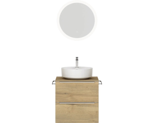 Set de meubles de salle de bains NOBILIA Programm 3 lxhxp 61 x 169,1 x 48,7 cm couleur de façade chêne nature avec lavabo en applique blanc et miroir rond avec éclairage LED barre de prise chrome mat 350