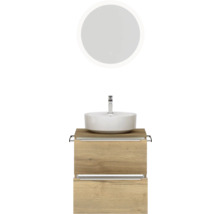 Badmöbel-Set NOBILIA Programm 3 BxHxT 61 x 169,1 x 48,7 cm Frontfarbe eiche natur mit Aufsatz-Waschtisch weiß und Spiegel rund mit LED-Beleuchtung Griffleiste chrom matt 350