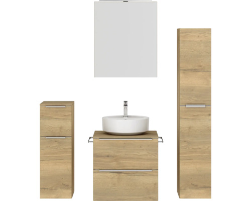 Set de meubles de salle de bains NOBILIA Programm 3 lxhxp 140 x 169,1 x 48,7 cm couleur de façade chêne naturel avec vasque à poser et armoire de toilette à 1 portes avec éclairage LED meuble bas armoire midi barre de prise chrome mat 366