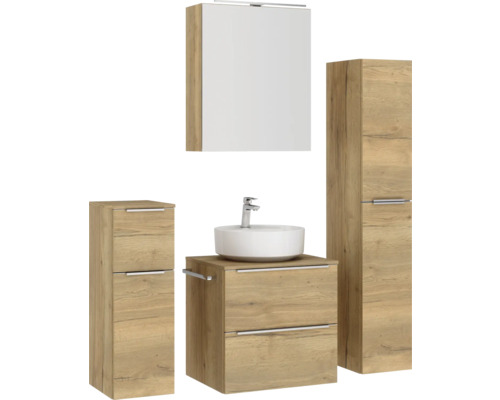 Ensemble de salle de bains avec lavabo, miroir et armoire haute