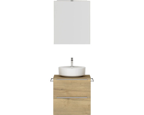 Set de meubles de salle de bains NOBILIA Programm 3 lxhxp 61 x 169,1 x 48,7 cm couleur de façade chêne naturel avec vasque à poser et armoire de toilette à 1 portes avec éclairage LED barre de prise chrome mat 342