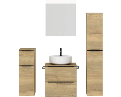 Set de meubles de salle de bains NOBILIA Programm 3 lxhxp 140 x 169,1 x 48,7 cm couleur de façade chêne naturel avec vasque à poser blanc et miroir avec éclairage LED armoire midi meuble bas barre de prise noire 359