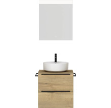 Badmöbel-Set NOBILIA Programm 3 BxHxT 61 x 169,1 x 48,7 cm Frontfarbe eiche natur mit Aufsatz-Waschtisch weiß und Spiegel mit LED-Beleuchtung Griffleiste schwarz 335