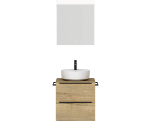 Set de meubles de salle de bains NOBILIA Programm 3 lxhxp 61 x 169,1 x 48,7 cm couleur de façade chêne naturel avec vasque à poser blanc et miroir avec éclairage LED barre de prise noire 335