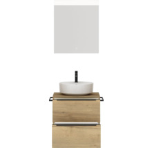 Badmöbel-Set NOBILIA Programm 3 BxHxT 61 x 169,1 x 48,7 cm Frontfarbe eiche natur mit Aufsatz-Waschtisch weiß und Spiegel mit LED-Beleuchtung Griffleiste schwarz 335