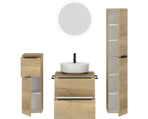 Ensemble de salle de bains avec meuble-lavabo, vasque à poser, armoire de toilette et armoire haute pour une ambiance claire et organisée.