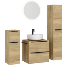 Badezimmerensemble mit Waschtisch, Waschbecken, Spiegelschrank und Hochschrank