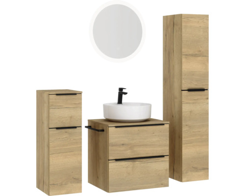 Ensemble de salle de bains avec meuble-lavabo, vasque, armoire de toilette et armoire haute