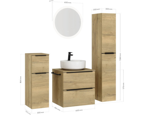 Ensemble de salle de bains avec meuble sous-lavabo, lavabo, armoire de toilette et armoire haute