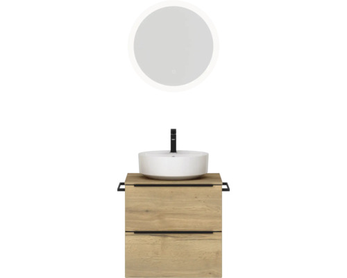 Set de meubles de salle de bains NOBILIA Programm 3 lxhxp 61 x 169,1 x 48,7 cm couleur de façade chêne naturel avec vasque à poser blanc et miroir rond avec éclairage LED barre de prise noire 351