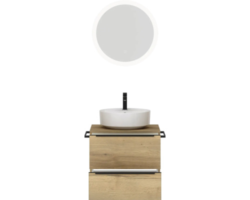 Badezimmerensemble mit rundem Spiegel, Aufsatzwaschbecken und Waschtischunterschrank
