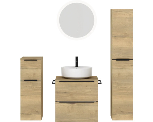 Set de meubles de salle de bains NOBILIA Programm 3 lxhxp 140 x 169,1 x 48,7 cm couleur de façade chêne naturel avec vasque à poser blanc et miroir rond avec éclairage LED armoire midi meuble bas barre de prise noire 375