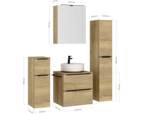 Badezimmer Möbelset mit Spiegelschrank, Waschbeckenunterschrank, Waschtisch und Hochschrank mit Maßangaben