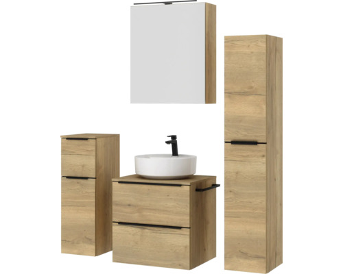 Badezimmermöbelset mit Waschtisch, Waschbecken, Spiegelschrank und Hochschrank