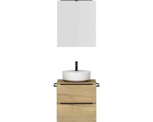 Set de meubles de salle de bains NOBILIA Programm 3 lxhxp 61 x 169,1 x 48,7 cm couleur de façade chêne naturel avec vasque à poser et armoire de toilette à 1 porte avec éclairage LED barre de prise noire 343