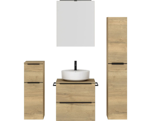 Set de meubles de salle de bains NOBILIA Programm 3 lxhxp 140 x 169,1 x 48,7 cm couleur de façade chêne naturel avec vasque à poser et armoire de toilette à 1 porte avec éclairage LED meuble bas armoire midi barre de prise noire 367