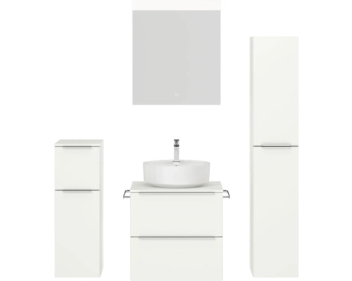 Set de meubles de salle de bains NOBILIA Programm 3 lxhxp 140 x 169,1 x 48,7 cm couleur de façade blanc mat avec vasque à poser blanc et miroir avec éclairage LED armoire midi meuble bas barre de prise chrome mat 352