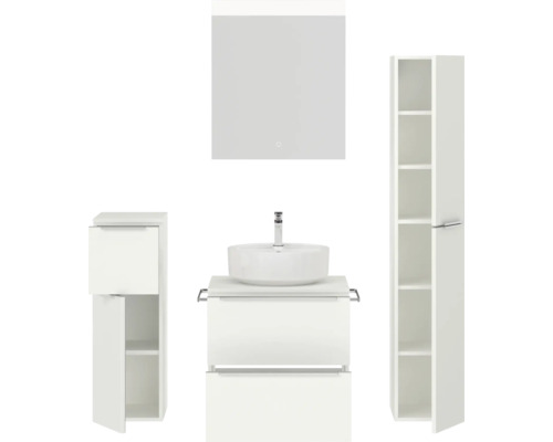 Ensemble de salle de bains avec meuble-lavabo, lavabo, armoire de toilette et armoires hautes