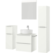 Badezimmerensemble mit Waschtisch, Aufsatzwaschbecken, Spiegelschrank und Hochschrank