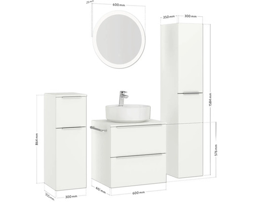 Ensemble de meubles de salle de bains avec lavabo, meuble sous-lavabo, armoire de toilette et miroir avec éclairage, dimensions comprises